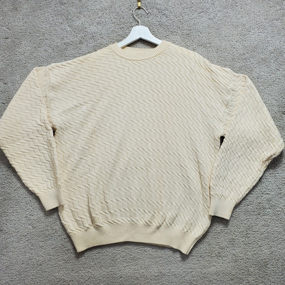 VTG Claiborne Sweater Men Large Beige Cotton Chunky Knit Dad Grandpa Cabin Zigza